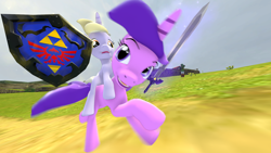 Size: 1920x1080 | Tagged: safe, artist:dez-fm, character:amethyst star, character:dinky hooves, character:sparkler, 3d, equestria's other best daughter, hylian shield, link, master sword, ponies riding ponies, source filmmaker, the legend of zelda