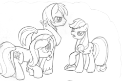 Size: 1182x787 | Tagged: safe, artist:midwestbrony, character:applejack, character:big mcintosh, character:trixie, species:earth pony, species:pony, female, male, mare, monochrome, shipping, stallion, straight, traditional art, trio, trixmac