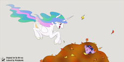 Size: 4500x2250 | Tagged: safe, artist:bri-sta, artist:wodahseht, character:princess celestia, character:twilight sparkle, cute, cutelestia, eyes closed, filly, happy, jumping, leaf pile, leaves, missing accessory, momlestia, open mouth, sillestia, silly, smiling, sweet dreams fuel, twiabetes, unshorn fetlocks, younger