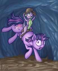 Size: 1266x1536 | Tagged: safe, artist:exedrus, character:spike, character:twilight sparkle, character:twilight sparkle (unicorn), species:dragon, species:pony, species:unicorn, bucking, cave, clothing, cowboy hat, dragons riding ponies, duo, female, frown, funny, hat, looking at you, male, mare, open mouth, riding, running, saddle, stetson, surprised, wide eyes