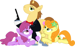 Size: 6222x3905 | Tagged: safe, artist:regolithx, character:berry punch, character:berryshine, character:carrot top, character:donut joe, character:golden harvest, episode:mmmystery on the friendship express, g4, my little pony: friendship is magic, con mane, flower, flower in hair, gun, pistol, simple background, suppressor, transparent background, trio, vector, walther ppk, weapon