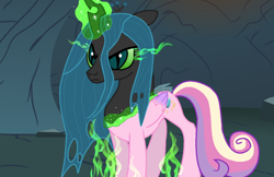 Size: 1024x665 | Tagged: safe, artist:moonsong19, artist:proenix, character:queen chrysalis, species:changeling, disguise, disguised changeling, fake cadance, glowing eyes, glowing horn