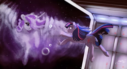 Size: 1898x1042 | Tagged: safe, artist:mechagen, character:twilight sparkle, character:twilight sparkle (alicorn), character:twilight velvet, species:alicorn, species:pony, crying, echoes of the past, feels, female, mare, missing horn, nebula, space, underhoof