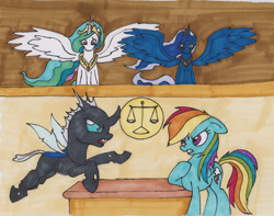 Size: 2212x1741 | Tagged: safe, artist:shikogo, character:princess celestia, character:princess luna, character:rainbow dash, species:changeling, courtroom, floppy ears, frown, glare, gritted teeth, open mouth, pointing, spread wings, traditional art, wings