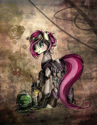 Size: 716x922 | Tagged: safe, artist:nastylady, character:roseluck, species:earth pony, species:pony, abstract background, bunsen burner, chemistry, clothing, featured on derpibooru, female, goggles, grin, looking at you, mare, smiling, solo, steampunk, vial, wide eyes