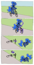 Size: 399x760 | Tagged: safe, artist:spaerk, character:princess luna, character:tantabus, species:alicorn, species:pony, baton roue, bicycle, comic, d:, frown, injured, meme, on side, riding, smiling