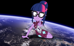 Size: 1024x640 | Tagged: safe, artist:ivacatherianoid, character:twilight sparkle, character:twilight sparkle (scitwi), species:eqg human, equestria girls:friendship games, g4, my little pony: equestria girls, my little pony:equestria girls, clothing, earth, female, giantess, glasses, goddess, macro, solo