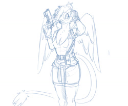 Size: 1280x1067 | Tagged: safe, artist:wouhlven, oc, oc only, oc:ginger feathershy, species:anthro, species:griffon, clothing, cosplay, costume, jill valentine, monochrome, resident evil, skirt, solo, tank top, weapon