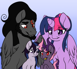 Size: 1000x900 | Tagged: safe, artist:rainbowdrool, character:king sombra, character:twilight sparkle, character:twilight sparkle (alicorn), oc, oc:misty, oc:obsidian, parent:king sombra, parent:twilight sparkle, parents:twibra, species:alicorn, species:pony, species:unicorn, ship:twibra, alicornified, blue background, broken horn, female, from dust to mist, frown, gradient background, male, offspring, open mouth, race swap, shipping, simple background, sitting, smiling, sombracorn, spread wings, straight, tumblr:from dust to mist, wings