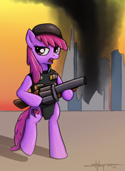 Size: 732x1000 | Tagged: safe, artist:shikogo, character:berry punch, character:berryshine, species:pony, bipedal, clothing, crossover, demoman, drunk, female, grenade launcher, hat, solo, team fortress 2