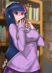 Size: 852x1200 | Tagged: safe, artist:fenrox, character:twilight sparkle, species:human, adorkable, blushing, book, breasts, busty twilight sparkle, clothing, cute, dork, erotica, female, humanized, library, porn, solo, sweater, twiabetes, wavy mouth, wide eyes