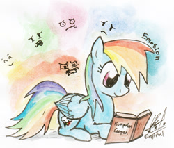 Size: 1164x994 | Tagged: safe, artist:digiral, character:rainbow dash, bahasa indonesia, book, female, indonesian, prone, reading, solo, traditional art, watercolor painting