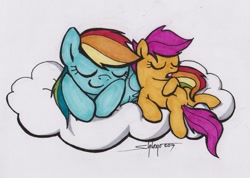 Size: 1351x963 | Tagged: safe, artist:shikogo, character:rainbow dash, character:scootaloo, species:pegasus, species:pony, episode:brotherhooves social, g4, my little pony: friendship is magic, cloud, duo, scootalove, sleeping, traditional art