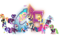 Size: 9543x5831 | Tagged: safe, artist:meganlovesangrybirds, character:applejack, character:fluttershy, character:indigo zap, character:lemon zest, character:pinkie pie, character:rainbow dash, character:rarity, character:sour sweet, character:sugarcoat, character:sunny flare, character:sunset shimmer, character:twilight sparkle, character:twilight sparkle (scitwi), species:pony, equestria girls:friendship games, g4, my little pony: equestria girls, my little pony:equestria girls, absurd resolution, bow tie, canterlot high, clothing, cowboy hat, crystal prep academy, crystal prep academy uniform, crystal prep shadowbolts, denim skirt, equestria girls outfit, equestria girls ponified, floating, freckles, goggles, group, hat, headphones, inkscape, leather jacket, logo, looking at each other, looking back, pleated skirt, ponified, raised hoof, school uniform, shadow five, signature, simple background, skirt, stetson, transparent background, unicorn sci-twi, vector, versus, wondercolts, wristband