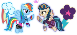 Size: 3957x1801 | Tagged: safe, artist:meganlovesangrybirds, character:indigo zap, character:rainbow dash, equestria girls:friendship games, g4, my little pony: equestria girls, my little pony:equestria girls, bow tie, canterlot high, clothing, crystal prep academy, crystal prep academy uniform, crystal prep shadowbolts, cutie mark, ear piercing, equestria girls outfit, equestria girls ponified, floating, goggles, inkscape, logo, looking at each other, piercing, pleated skirt, ponified, school uniform, signature, simple background, skirt, transparent background, vector, versus, wondercolts, wristband