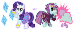 Size: 4298x1767 | Tagged: safe, artist:meganlovesangrybirds, character:rarity, character:sunny flare, equestria girls:friendship games, g4, my little pony: equestria girls, my little pony:equestria girls, absurd resolution, bow tie, canterlot high, clothing, crystal prep academy, crystal prep academy uniform, crystal prep shadowbolts, cutie mark, ear piercing, equestria girls outfit, equestria girls ponified, glasses, inkscape, logo, looking at each other, looking back, piercing, pleated skirt, ponified, school uniform, signature, simple background, skirt, transparent background, vector, versus, wondercolts, wristband