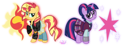 Size: 4883x1842 | Tagged: safe, artist:meganlovesangrybirds, character:sunset shimmer, character:twilight sparkle, character:twilight sparkle (scitwi), species:pony, species:unicorn, equestria girls:friendship games, g4, my little pony: equestria girls, my little pony:equestria girls, absurd resolution, clothing, crystal prep academy, crystal prep academy uniform, crystal prep shadowbolts, cutie mark, ear piercing, equestria girls outfit, equestria girls ponified, glasses, inkscape, leather jacket, logo, looking at each other, looking back, piercing, pleated skirt, ponified, raised hoof, school uniform, signature, simple background, skirt, transparent background, unicorn sci-twi, vector, versus