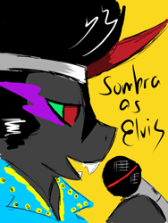 Size: 960x1280 | Tagged: safe, artist:arcanelexicon, character:king sombra, species:pony, species:unicorn, elvis presley, male, microphone, simple background, solo, yellow background