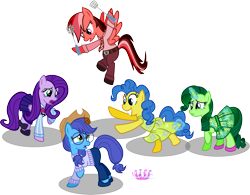 Size: 6533x5101 | Tagged: safe, artist:meganlovesangrybirds, character:applejack, character:fluttershy, character:pinkie pie, character:rainbow dash, character:rarity, absurd resolution, anger (inside out), belt, clothing, cockroach, cowboy hat, crossover, disgust (inside out), disney, dress, fear (inside out), flying, freckles, glasses, group, hat, inkscape, inside out, joy (inside out), necktie, open mouth, pants, parody, pixar, ponified, raised hoof, sad, sadness (inside out), signature, simple background, skirt, stetson, swatting, sweater, transparent background, unhapplejack, vector