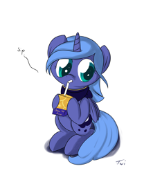 Size: 1280x1447 | Tagged: safe, artist:geneticanomaly, character:princess luna, cute, female, filly, juice box, lunabetes, solo, woona