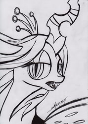 Size: 711x1000 | Tagged: safe, artist:shikogo, character:queen chrysalis, species:changeling, black and white, fangs, female, grayscale, looking at you, monochrome, open mouth, portrait, solo, wind
