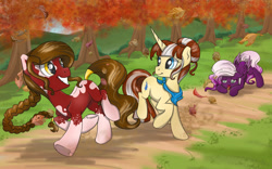 Size: 1600x1000 | Tagged: safe, artist:bratzoid, oc, oc only, species:earth pony, species:pegasus, species:pony, braid, female, mare, neckerchief, running of the leaves, tail wrap