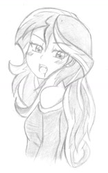 Size: 930x1486 | Tagged: safe, artist:trainbang, character:sunset shimmer, my little pony:equestria girls, blushing, cute little fangs, drool, female, monochrome, solo, traditional art, vampire