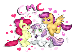 Size: 2271x1625 | Tagged: safe, artist:pillonchou, character:apple bloom, character:scootaloo, character:sweetie belle, species:pegasus, species:pony, episode:crusaders of the lost mark, g4, my little pony: friendship is magic, cutie mark, cutie mark crusaders, heart, it happened, looking at you, open mouth, signature, the cmc's cutie marks, trio