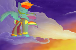 Size: 900x600 | Tagged: safe, artist:banoodle, character:rainbow dash, species:pegasus, species:pony, chest fluff, cloud, cloudy, eyes closed, female, mare, night, on a cloud, proud, smiling, solo, stars, twilight (astronomy), wonderbolts uniform