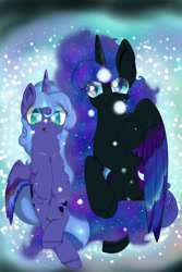 Size: 600x900 | Tagged: safe, artist:banoodle, character:nightmare moon, character:princess luna, species:alicorn, species:pony, cloven hooves, dreamscape, duality, ethereal mane, female, galaxy mane, lying down, mare, nicemare moon, on back, s1 luna, underhoof, unshorn fetlocks