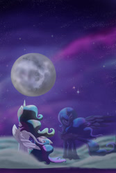 Size: 600x900 | Tagged: safe, artist:banoodle, character:princess celestia, character:princess luna, species:alicorn, species:classical unicorn, species:pony, cloud, cloudy, eyes closed, female, full moon, leonine tail, mare, mare in the moon, moon, night, outdoors, sky, solo, standing, stars, unshorn fetlocks, windswept mane