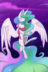 Size: 600x900 | Tagged: safe, artist:banoodle, character:princess celestia, species:alicorn, species:pony, clothing, cloven hooves, eyes closed, female, flying, mare, scarf, smiling, solo, unshorn fetlocks