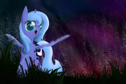 Size: 600x400 | Tagged: safe, artist:banoodle, character:princess luna, species:alicorn, species:pony, female, filly, grass, night, open mouth, smiling, solo, spread wings, stars, wings, woona