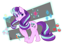 Size: 1461x1009 | Tagged: safe, artist:pillonchou, character:applejack, character:fluttershy, character:pinkie pie, character:rainbow dash, character:rarity, character:starlight glimmer, character:twilight sparkle, character:twilight sparkle (alicorn), species:alicorn, species:pony, cutie mark, equal sign, female, looking back, magic, mane six, mare, raised hoof, signature, solo