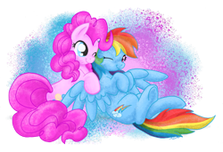 Size: 1053x721 | Tagged: safe, artist:dawnallies, character:pinkie pie, character:rainbow dash, species:earth pony, species:pegasus, species:pony, ship:pinkiedash, g4, abstract background, adobe imageready, cute, dashabetes, diapinkes, female, lesbian, mare, on back, one eye closed, shipping, smiling, spread wings, underhoof, wings, wink