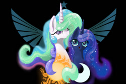 Size: 600x400 | Tagged: safe, artist:banoodle, character:princess celestia, character:princess luna, species:alicorn, species:pony, black background, bust, crescent moon, duo, ethereal mane, female, galaxy mane, mare, moon, siblings, simple background, sisters, smiling, sun, tangible heavenly object, transparent moon