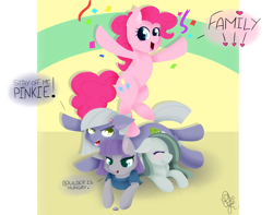 Size: 1015x800 | Tagged: safe, artist:pillonchou, character:boulder, character:limestone pie, character:marble pie, character:maud pie, character:pinkie pie, episode:hearthbreakers, g4, my little pony: friendship is magic, dialogue, eyes closed, hair over one eye, looking at you, open mouth, pie sisters, pile, siblings, signature, sisters, speech bubble, talking, text