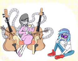 Size: 1043x822 | Tagged: safe, artist:equestrian-strumpet, character:dj pon-3, character:octavia melody, character:vinyl scratch, species:human, cello, chair, doctor octavia, doctor octopus, duo, female, glasses, humanized, musical instrument, sitting, tea