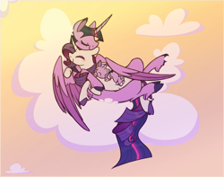 Size: 1024x808 | Tagged: safe, artist:selective-yellow, character:rarity, character:twilight sparkle, character:twilight sparkle (alicorn), oc, parent:rarity, parent:twilight sparkle, parents:rarilight, species:alicorn, species:pony, ship:rarilight, cloud, cuddling, female, lesbian, magical lesbian spawn, mare, offspring, shipping, snuggling