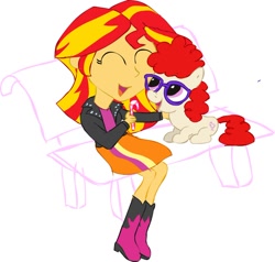 Size: 832x793 | Tagged: safe, artist:newportmuse, character:sunset shimmer, character:twist, my little pony:equestria girls, bench, candy, cute, filly, shimmerbetes, sitting, smiling, twistabetes