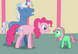 Size: 1024x711 | Tagged: safe, artist:allonsbro, character:minty, character:pinkie pie, character:pokey pierce, parent:pinkie pie, parent:pokey pierce, parents:pokeypie, ship:pokeypie, g3, female, g3 to g4, generation leap, laughing, male, next generation, offspring, shipping, story included, straight