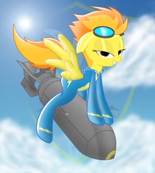 Size: 1417x1587 | Tagged: safe, artist:spitshy, character:spitfire, species:pegasus, species:pony, atomic bomb, bedroom eyes, bomb, dr. strangelove, goggles, latex, latex suit, looking at you, riding, riding a bomb, stupid sexy spitfire, wonderbolts uniform
