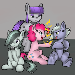 Size: 2000x2000 | Tagged: safe, artist:flam3zero, character:limestone pie, character:marble pie, character:maud pie, character:pinkie pie, 8-ball, electricity, open mouth, pairing stone, pie sisters, siblings, sisters, sitting