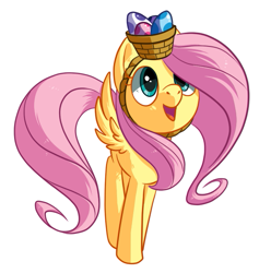 Size: 547x577 | Tagged: safe, artist:reuniclus, character:fluttershy, species:pegasus, species:pony, basket, basket hat, clothing, cute, easter, egg, female, hat, mare, shyabetes, simple background, solo, spread wings, white background, wings