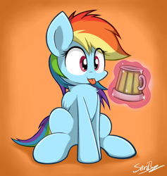 Size: 2700x2850 | Tagged: safe, artist:sheandog, character:rainbow dash, species:pegasus, species:pony, chest fluff, cider, cute, dashabetes, female, implied twilight sparkle, magic, mare, offscreen character, signature, sitting, solo, tankard, telekinesis, tongue out