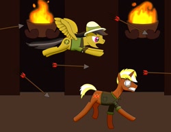 Size: 1017x786 | Tagged: safe, artist:allonsbro, character:daring do, character:trenderhoof, arrow, arrows, fire, flying, running, temple, torch