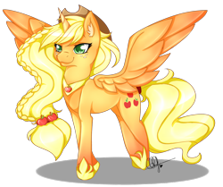 Size: 1000x834 | Tagged: safe, artist:pillonchou, character:applejack, species:alicorn, species:pony, alicorn princess, alicornified, alternate hairstyle, applecorn, big wings, clothing, cowboy hat, element of honesty, female, freckles, hat, ponytail, princess shoes, race swap, signature, simple background, solo, stetson, transparent background