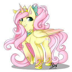 Size: 1000x998 | Tagged: safe, artist:pillonchou, character:fluttershy, species:alicorn, species:pony, :3, alicorn princess, alicornified, alternate hairstyle, art, big wings, element of kindness, female, fluttercorn, princess, race swap, raised hoof, signature, simple background, solo, transparent background