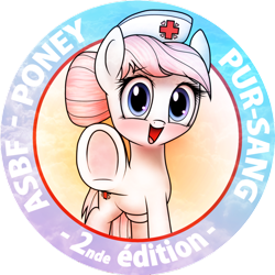 Size: 894x894 | Tagged: safe, artist:finalaspex, character:nurse redheart, species:earth pony, species:pony, asbf, badge, blood donation, blushing, cute, female, french, heartabetes, hoofbump, looking at you, mare, nurse, open mouth, smiling, solo, underhoof