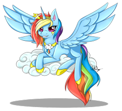 Size: 1000x902 | Tagged: safe, artist:pillonchou, character:rainbow dash, species:alicorn, species:pony, alicorn princess, alicornified, alternate hairstyle, cloud, element of loyalty, female, prone, race swap, rainbowcorn, signature, simple background, smiling, solo, spread wings, transparent background, wings